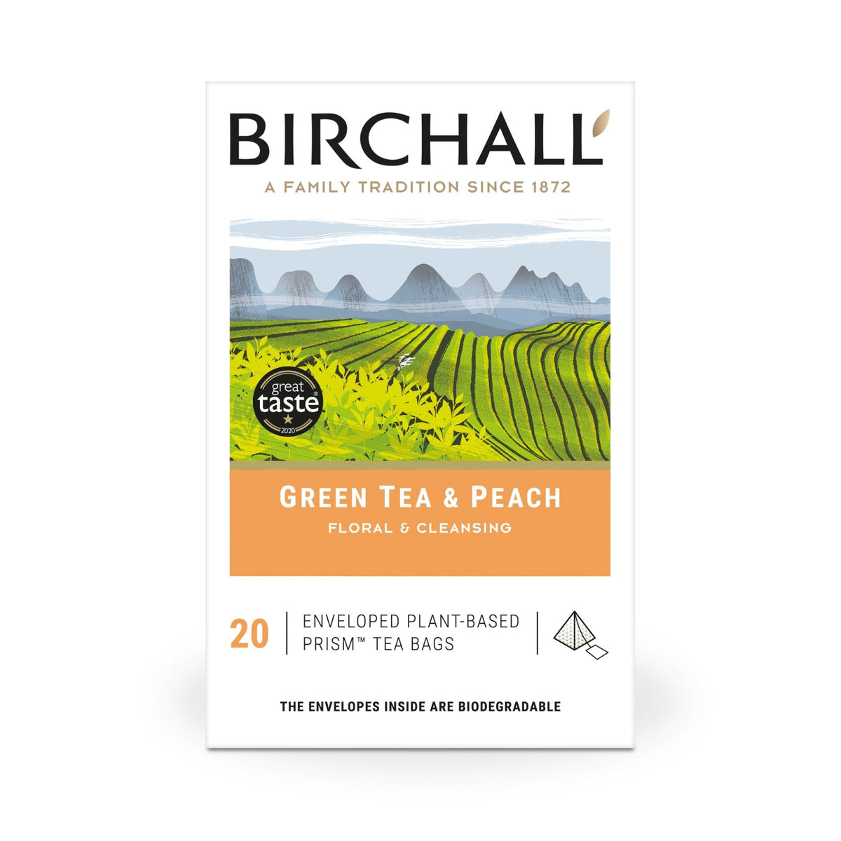 Birchall Green Tea & Peach Enveloped Plant-Based Prism Tea Bags – 20 Pack